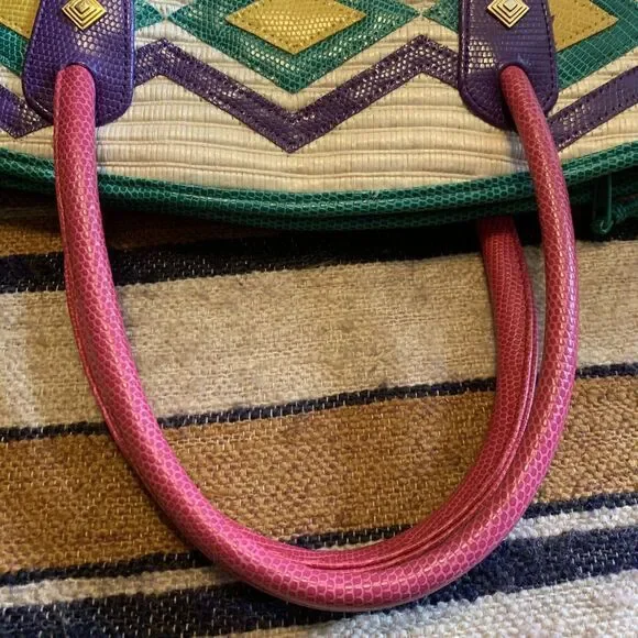Vintage Geometric Handbag Purse 80s Colorful‎ Multicolor Resort Vacation Woven - Picture 5 of 9